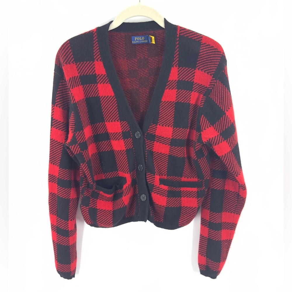 Polo Ralph Lauren Merino Wool Cardigan Sweater Womens Medium Preppy Plaid Check
